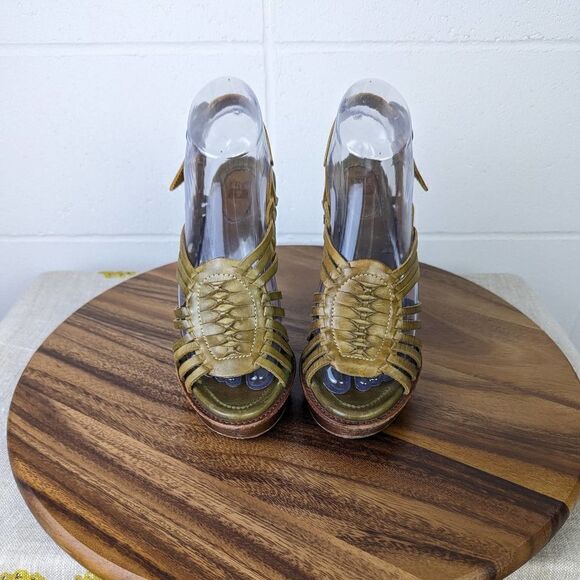 Frye Joy Huarache Platform Heels Olive Green Leather Size 7 - Picture 2 of 11